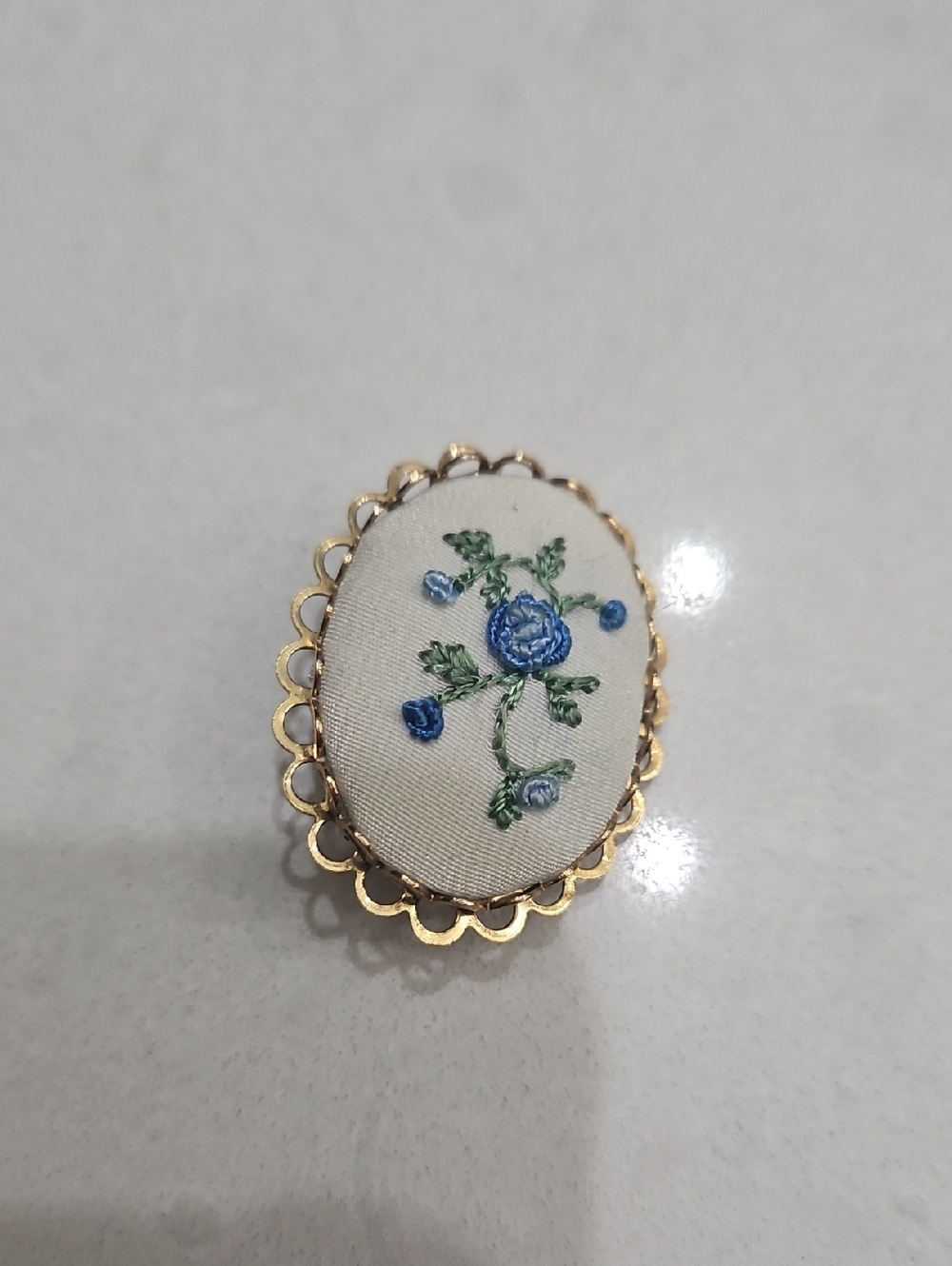 Embroidered Blue Rose Oval Brooch with Gold Frame